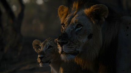 Naklejka premium Majestic lion and cub watching sunset in African savanna; wildlife documentary shot
