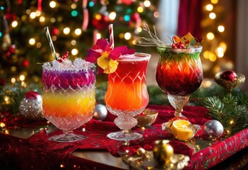 colorful festive cocktails served holiday themed glassware showcasing vibrant designs unique garnishes perfect celebration, drink, beverage, party, winter