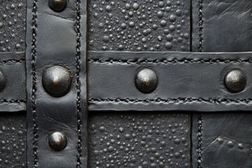 Close-up of a textured black leather surface, adorned with rivets and stitching, forming a repeating pattern