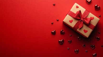 Obraz premium A vibrant Valentine's Day banner design featuring a beautifully wrapped gift box and scattered hearts on a striking red background