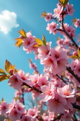 Obraz premium An apricot tree in full bloom with numerous pink blossoms and green leaves against a clear blue sky, nature, scenery, flowers