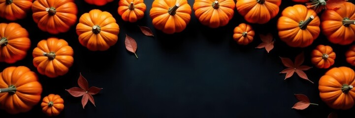An assortment of small orange pumpkins and lanterns placed randomly within the black area, fall decorations, orange pumpkin arrangements