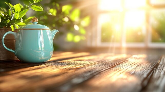 A vibrant blue teapot with soft sunlight pouring through a window and illuminating a wooden table and plants. Generative AI - Powered by Adobe