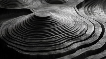 Wooden layers create a topographic map representing an abstract landscape