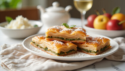 Delicious baklava and halva served elegantly with fresh fruits, indulgent dessert