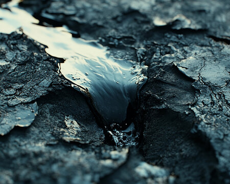 Close-up of an oil spill on cracked ground, showcasing the environmental impact and damage caused by pollution, symbolizing ecological degradation and environmental disaster.