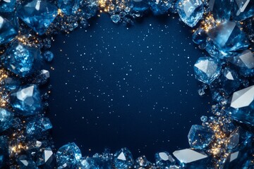 Beautiful sparkling sapphires creating a frame on a dark blue glitter background with copy space