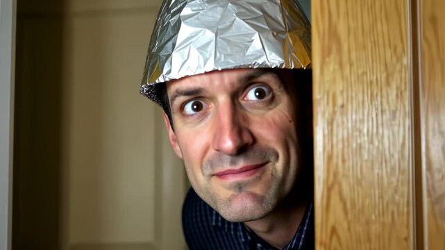 Curious Man in Tinfoil Hat Peeking Through Oak Door Animation