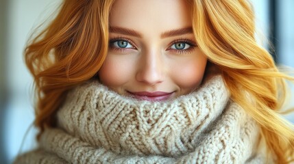 A cheerful woman with vibrant red hair smiles warmly, wrapped in a thick knitted scarf. Soft sunlight illuminates her face, creating a cozy atmosphere indoors