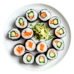 A Vibrant Plate of Sushi Rolls with Wasabi and Soy Isolated on Transparent Background