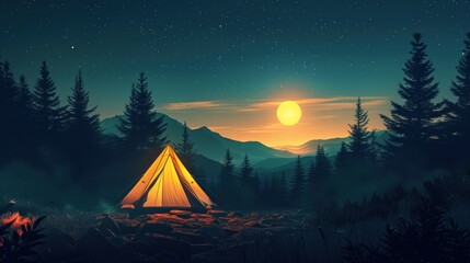 Cozy camping town with cabins and tents in the middle of nature.