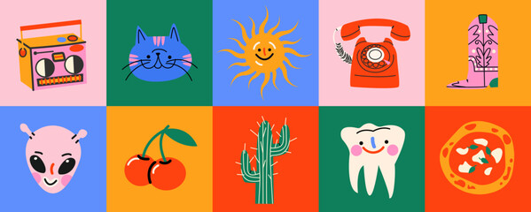 Retro hippie stickers 90s. Cartoon characters, bright psychedelic elements, funky shapes, retro music, vinyl, vintage. Trendy labels, patches, stamps