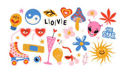Fototapeta premium Retro hippie stickers 90s. Cartoon characters, bright psychedelic elements, funky shapes, retro music, vinyl, vintage. Trendy labels, patches, stamps