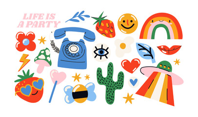 Retro hippie stickers 90s. Cartoon characters, bright psychedelic elements, funky shapes, retro music, vinyl, vintage. Trendy labels, patches, stamps
