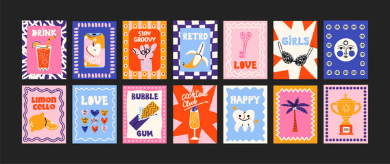 : Abstract posters in a minimalist style. Wall decor, trendy banners of summer, flowers , cocktails, disco, animals in the cartoon style of Matisse. Decor of wallpaper, walls, print and postcards