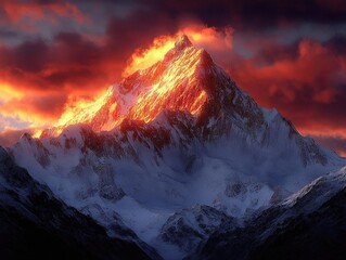 Majestic Mountain Peak Ignites at Sunset, Dramatic Landscape in Fiery Hues