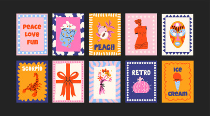 : Abstract posters in a minimalist style. Wall decor, trendy banners of summer, flowers , cocktails, disco, animals in the cartoon style of Matisse. Decor of wallpaper, walls, print and postcards