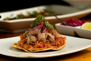 Marlin's tostada with some tuna fish on top, some cilantro, and another food in the back