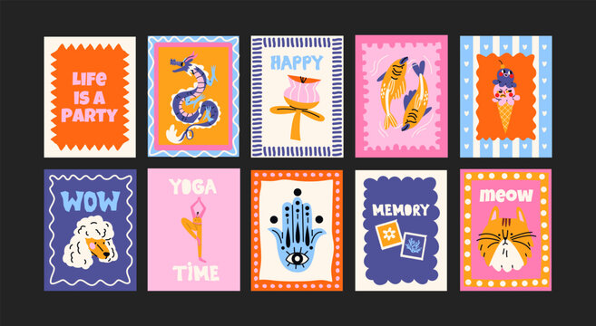 Fototapeta : Abstract posters in a minimalist style. Wall decor, trendy banners of summer, flowers , cocktails, disco, animals in the cartoon style of Matisse. Decor of wallpaper, walls, print and postcards