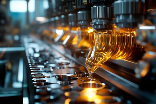 Bottles of golden olive oil are filled and sealed on an automated assembly line in a modern production facility during the day. The process highlights efficiency and precision
