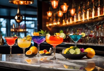 stunning display vibrant cocktails chic modern bar surrounded elegant decor soft lighting, artisan, arrangement, creative, colorful, drink, stylish, glass