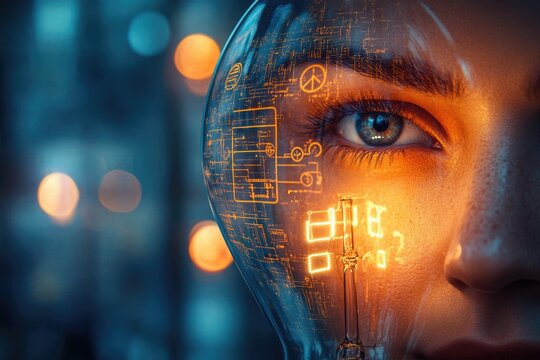 A woman's face is superimposed with glowing circuit board design, symbolizing technological integration with humanity.