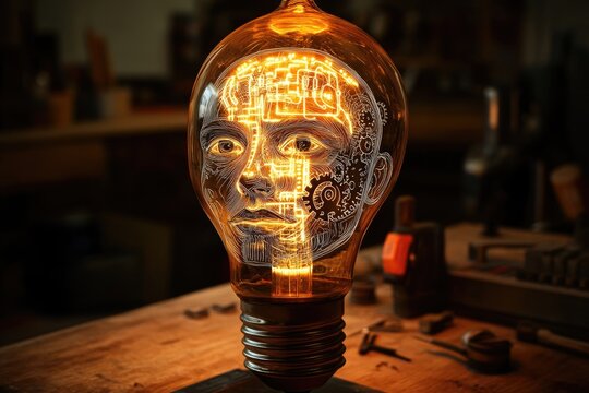 A glowing lightbulb with a human face and intricate circuitry inside, symbolizing the fusion of human intellect and technology.