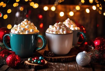 charming festive holiday drink arrangements cozy atmospheres twinkling warm whimsical decorations, beverage, lights, cups, mugs, warmth, celebration, table