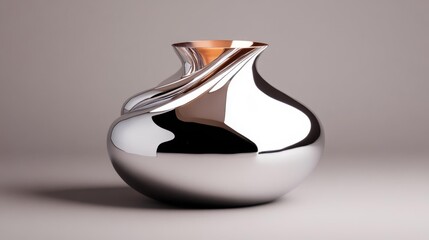 A polished metallic vase with swirling chrome details and sleek design. Generative AI