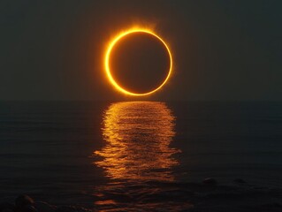 Fiery Ring Encircles Ocean at Sunset, Golden Glow Reflects, Dramatic Seascape