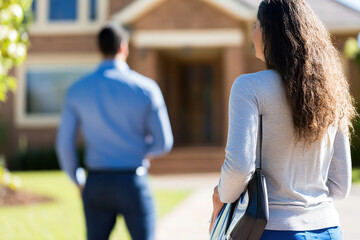 Couple discussing home matters outside a suburban residence