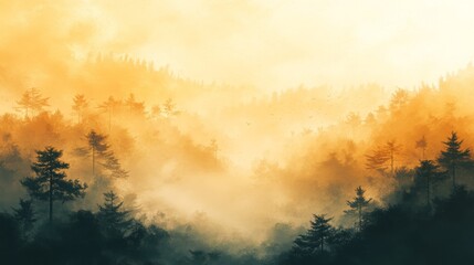 Naklejka premium Golden sunlight illuminates misty landscape with tall evergreen trees