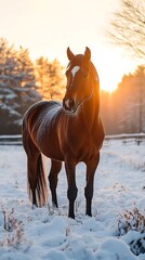 Horse in snowy field at sunset