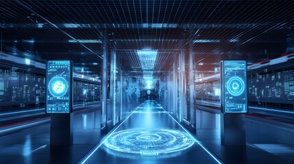 Autonomous AI Controlled Border Security Futuristic Corridor with Glowing Blue Neon Displays