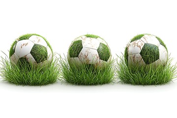 Fototapeta premium Three Used Soccer Balls Nestled in Fresh Green Grass
