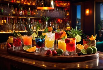 vibrant cocktail ingredients bursting colorful textures fresh fruits herbs liquors garnishes showcase, drink, beverage, syrup, ice, citrus, tropical, berry