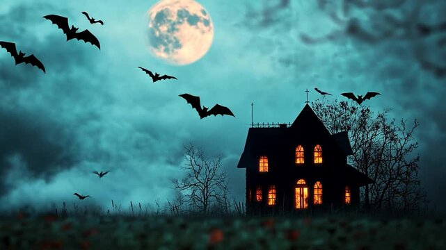 Haunted house, bats, moonlit night, Halloween