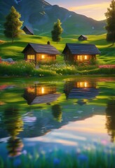 Fototapeta premium vibrant miniature landscapes mirrored crystal clear water glass creating illusions beauty, artistically, crafted, reflections, scenic, forest, mountains