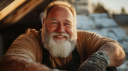 An older man with a radiant smile and a fluffy beard exudes warmth and joy in an outdoor setting, showcasing the beauty of aging gracefully with happiness and a love for life.