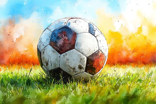 Watercolor Soccer Ball on Grass Field at Sunset