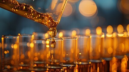 A close-up of golden ethanol fuel being poured into a laboratory flask, representing bioenergy innovation and the rise of alternative energy sources