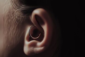 A detailed image of a daith piercing with a small, silver hoop, accentuated by soft, ambient lighting.