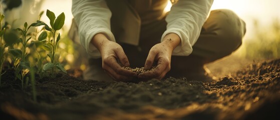 A gardener's hands gently hold seeds above freshly tilled soil, ready to sow and cultivate new growth.