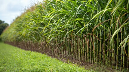 A field of sugarcane and corn crops, the raw materials for ethanol fuel production, emphasizing their role in bioenergy as an alternative energy source
