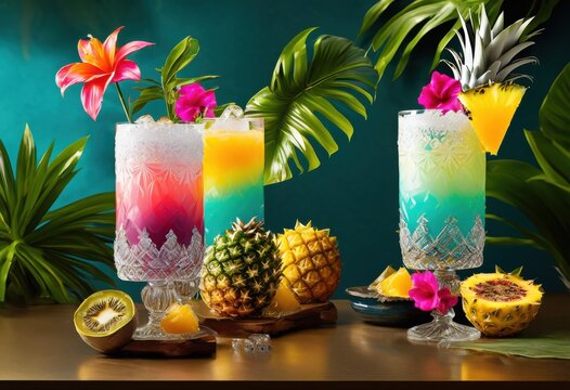 vibrant iced drink artfully displayed colorful exotic glass lush tropical elements suggesting fun refreshment, cocktail, colors, refreshing, summer