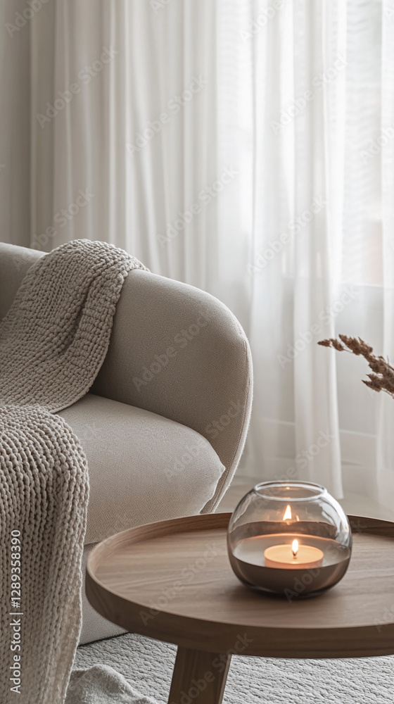 Poster a cozy home scene featuring a lit candle on a wooden table next to a comfortable sofa with a soft kn