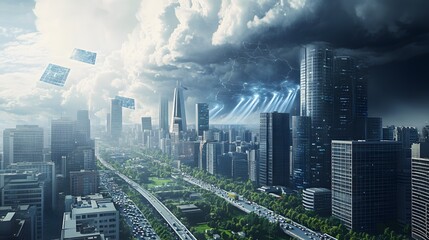 Dramatic Futuristic Cityscape with Towering Skyscrapers and Cloudy Stormy Skies