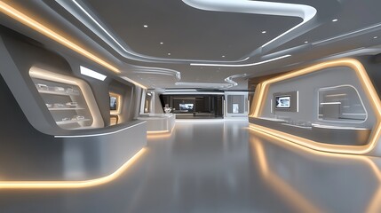 empty space inside futuristic showroom spaceship hall or studio in perspective include ceiling neon light floor and counter modern gray background design of future technology