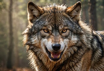 Fototapeta premium Angry aggressive shaggy wolf with tousled wet fur