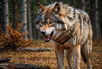 Obraz premium Angry aggressive shaggy wolf with ruffled fur